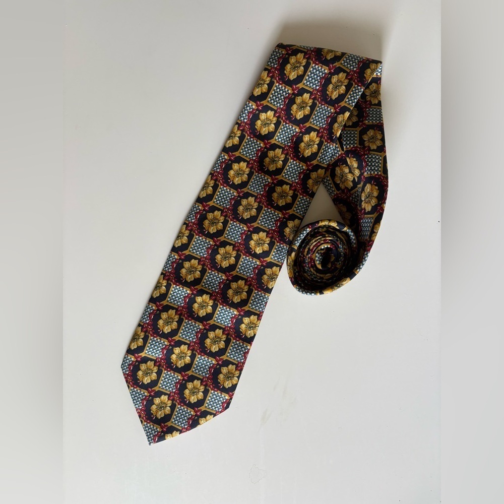 Vintage Jacques Farré 100% Silk Tie – Bold Floral & Checkerboard Print